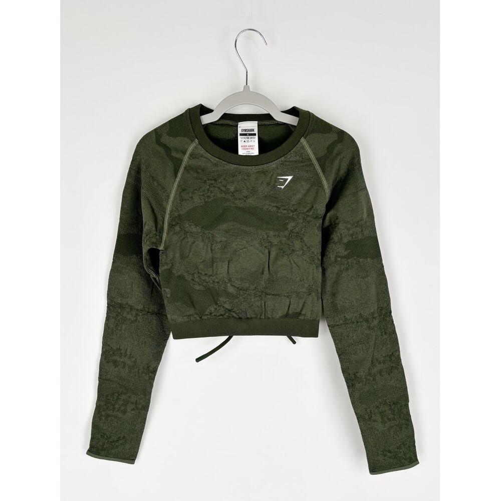 GymShark Adapt Camo Seamless Lace Up Back Crop Top Womens Small New Green B4A4U